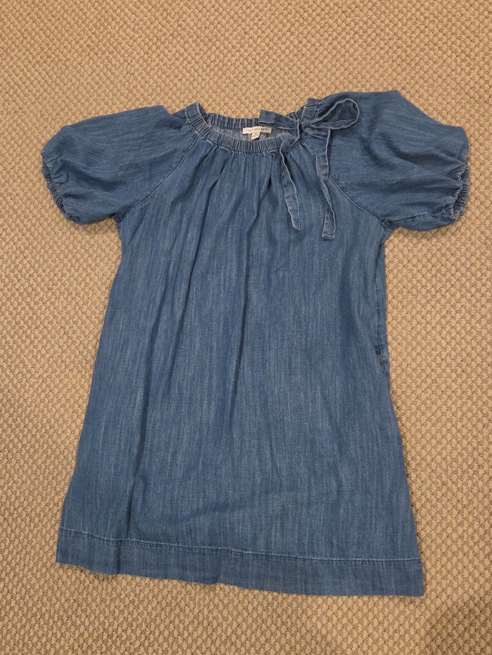 Free Assembly Denim Puff Sleeve Dress with Neck Tie Sz M